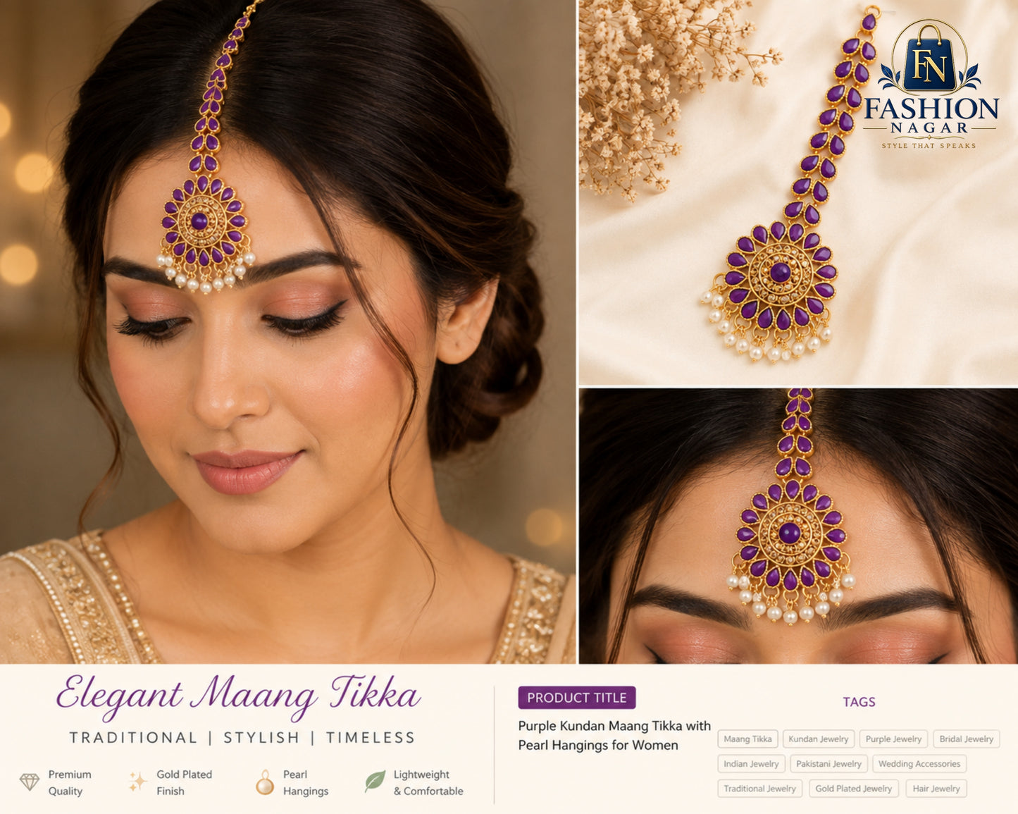 Elegant Purple Kundan Maang Tikka with Pearl Drops – Gold Plated Bridal Forehead Jewelry for Wedding & Party Wear