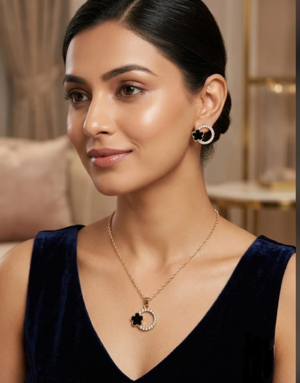 Elegant Black Flower Locket & Earrings Set