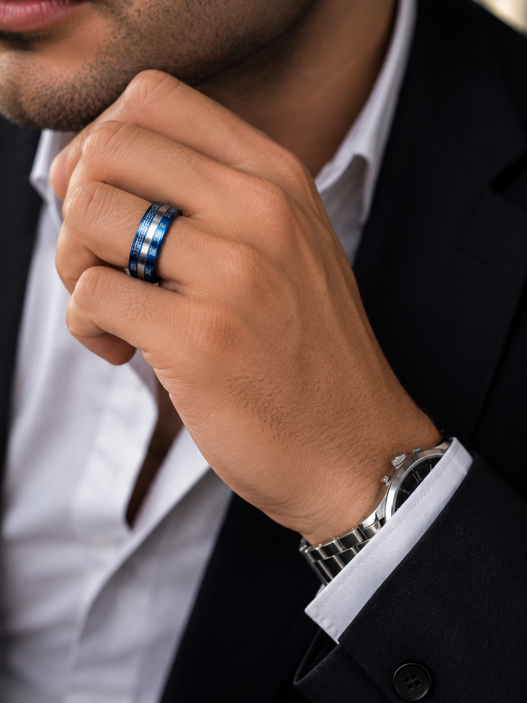 Luxury Blue Roman Numeral Stainless Steel Spinner Ring for Men