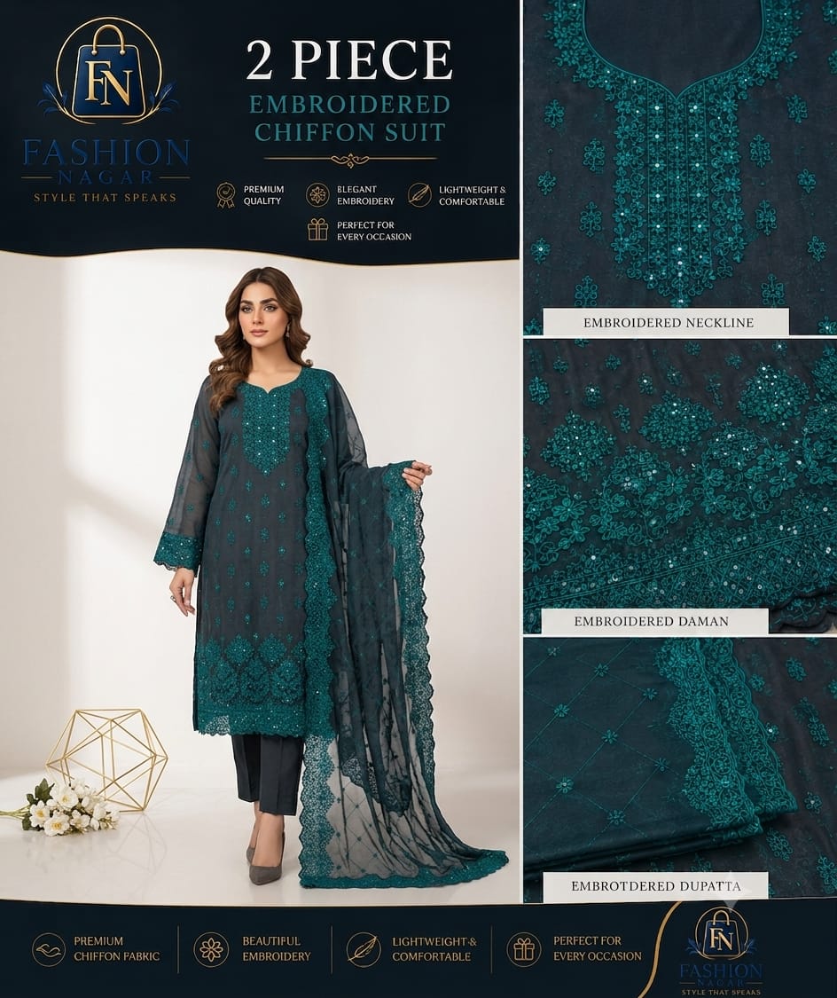 Elegant Teal Embroidered Lawn Suit with Organza Dupatta – 3 Piece Pakistani Dress