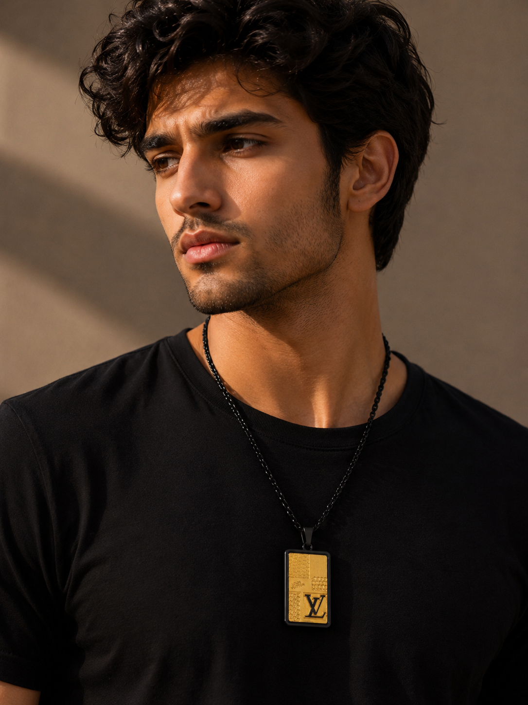 Men’s Luxury Gold Pendant Necklace – Black Stainless Steel LV Style Designer Pendant