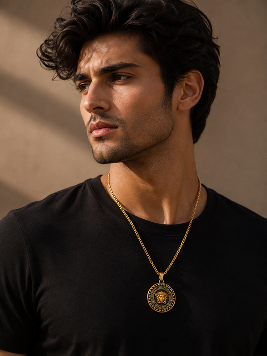 Men’s Gold Medusa Greek Key Pendant Necklace – Vintage Roman Style Statement Jewelry