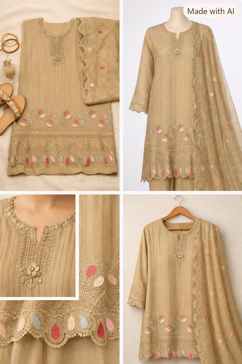 Elegant Beige Embroidered Lawn Suit with Organza Dupatta – 2 Piece Pakistani Dress