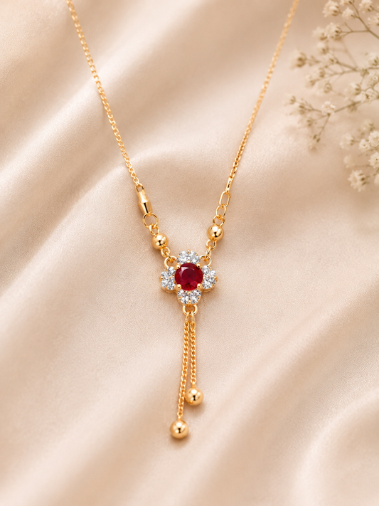 Elegant Gold Ruby Floral Pendant Necklace with Crystal Accents for Women