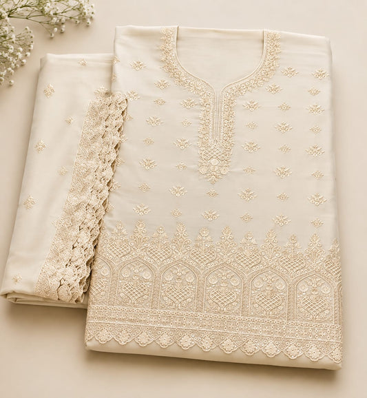 Elegant Ivory Embroidered Pakistani Suit with Lace Detailing