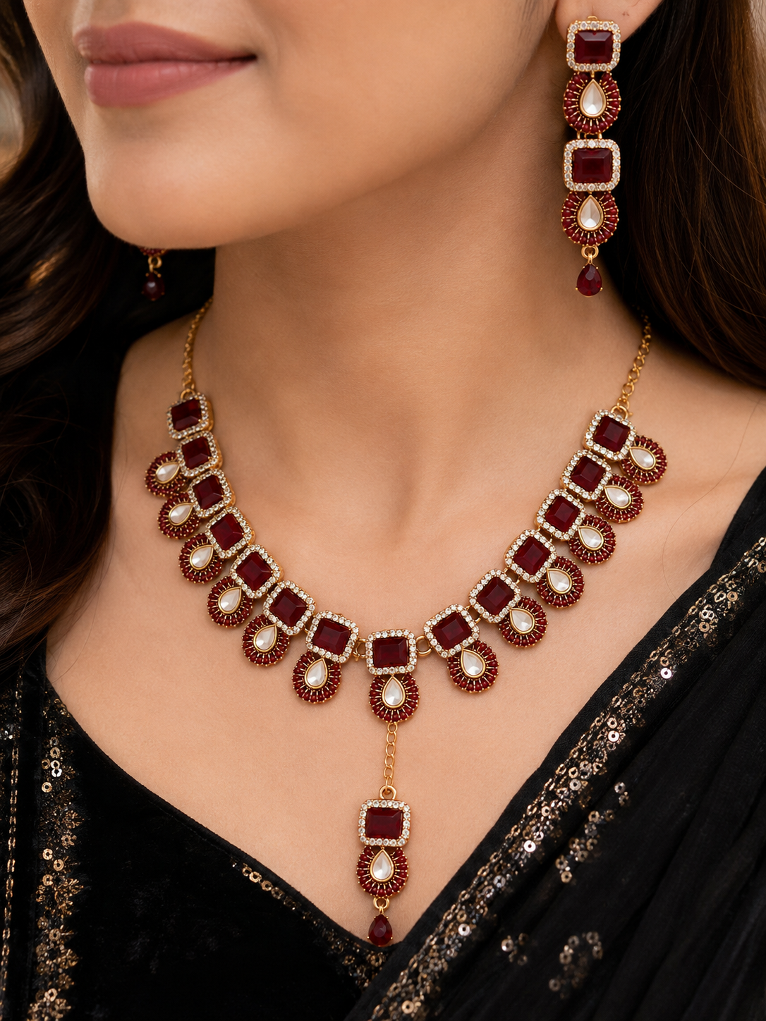 Elegant Maroon Stone Bridal Necklace Set for Women | Artificial Fashion Jewelry