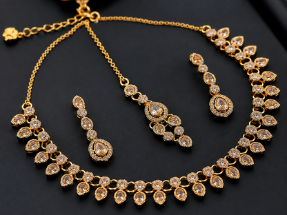 Luxury Gold Plated Bridal Jewelry Set with CZ Stones – Necklace, Earrings & Maang Tikka for Wedding & Party Wear
