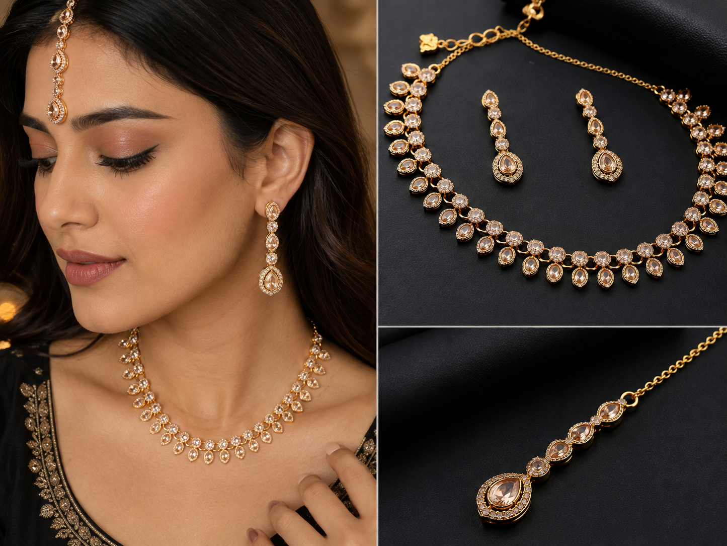 Luxury Gold Plated Bridal Jewelry Set with CZ Stones – Necklace, Earrings & Maang Tikka for Wedding & Party Wear