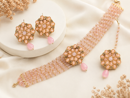 Elegant Pink Floral Beaded Choker Jewelry Set – Necklace, Earrings & Maang Tikka for Bridal, Wedding & Party Wear