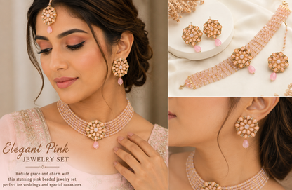 Elegant Pink Floral Beaded Choker Jewelry Set – Necklace, Earrings & Maang Tikka for Bridal, Wedding & Party Wear