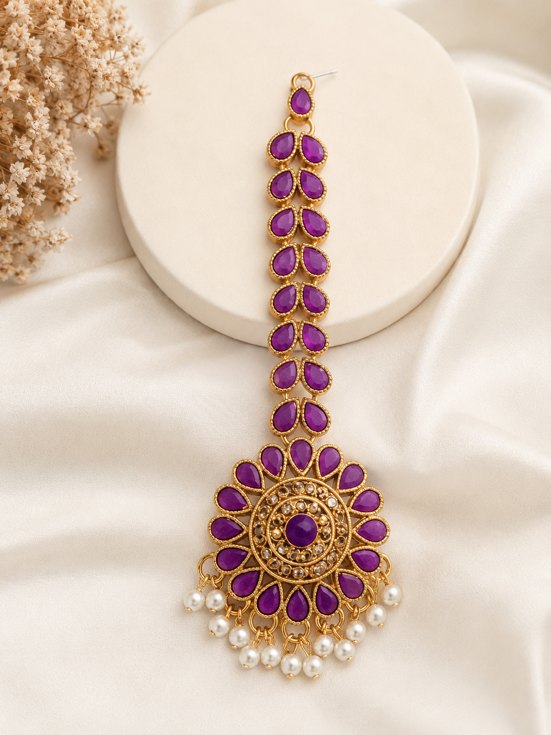 Elegant Purple Kundan Maang Tikka with Pearl Drops – Gold Plated Bridal Forehead Jewelry for Wedding & Party Wear