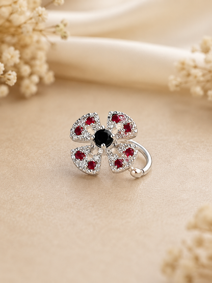 Elegant Floral Silver Nose Pin with Red & Black Stones – Lightweight Traditional Nose Ring for Women