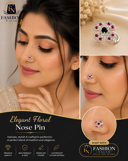 Elegant Floral Silver Nose Pin with Red & Black Stones – Lightweight Traditional Nose Ring for Women