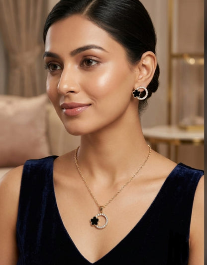 Elegant Black Flower Locket & Earrings Set