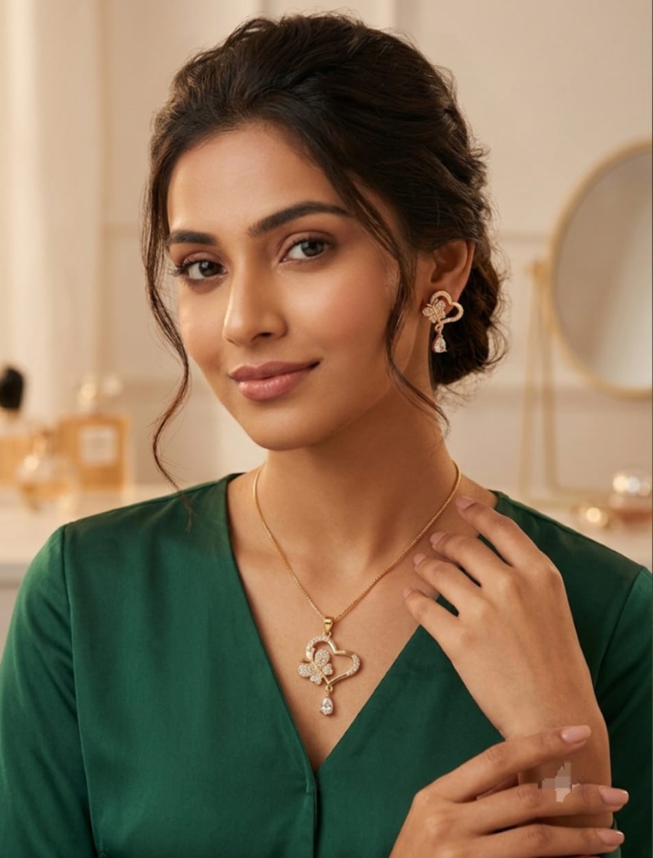 Sparkling Butterfly Heart Locket Pendant Set - Artificial Jewellery