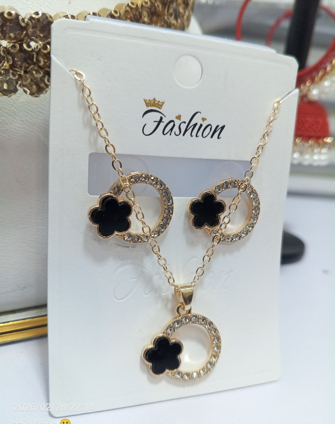Elegant Black Flower Locket & Earrings Set