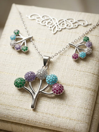Elegant Colorful Tree of Life Necklace & Earrings Set – Silver Plated Crystal Jewelry