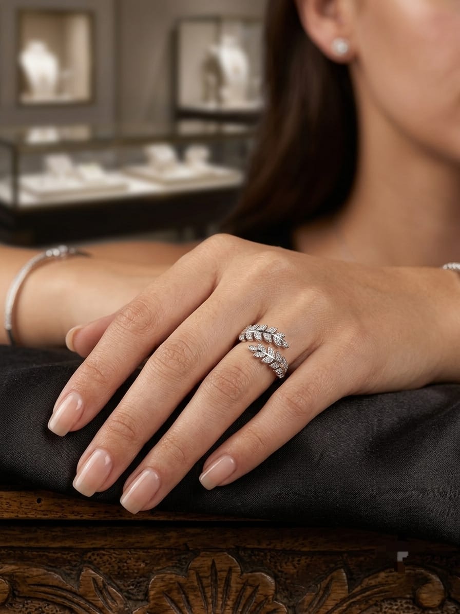 Sterling Silver Leaf Branch Wrap Ring with Cubic Zirconia Stones