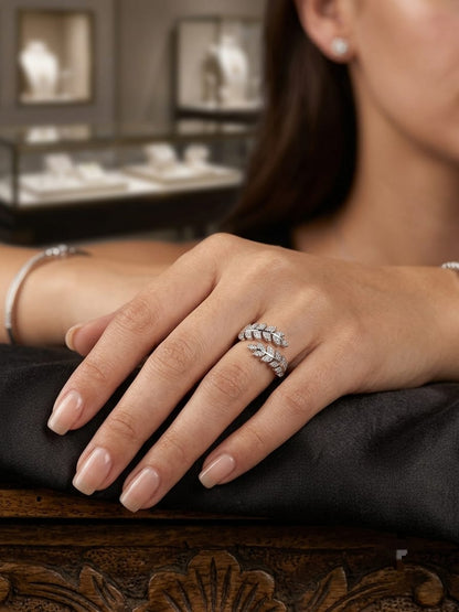 Sterling Silver Leaf Branch Wrap Ring with Cubic Zirconia Stones