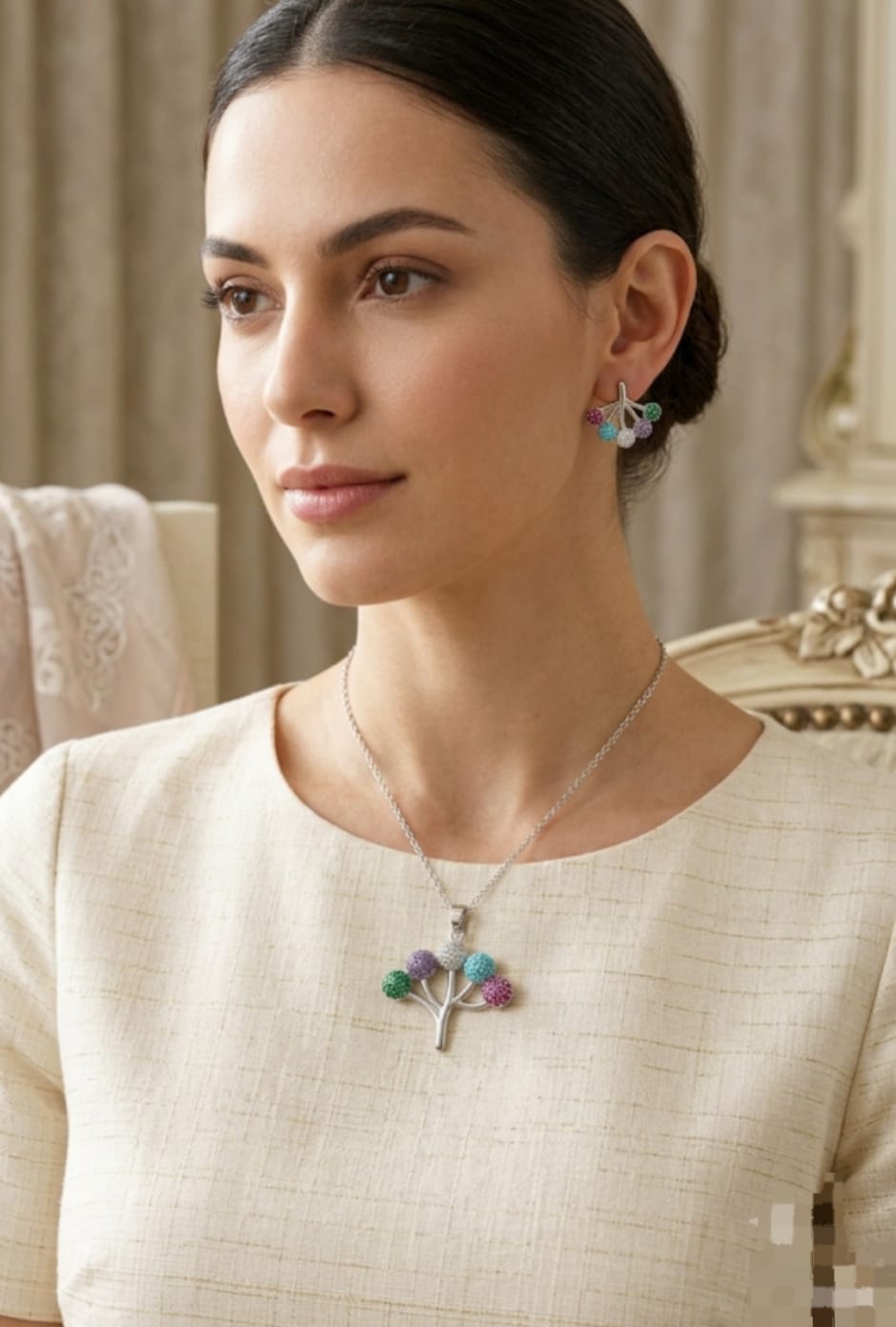 Elegant Colorful Tree of Life Necklace & Earrings Set – Silver Plated Crystal Jewelry