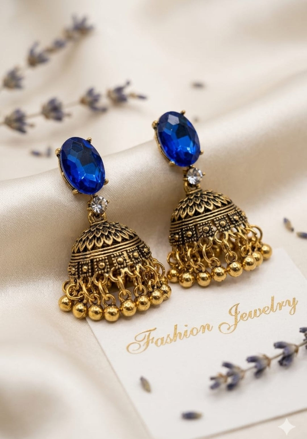 Vintage Gold-Plated Blue Crystal Jhumki Earrings