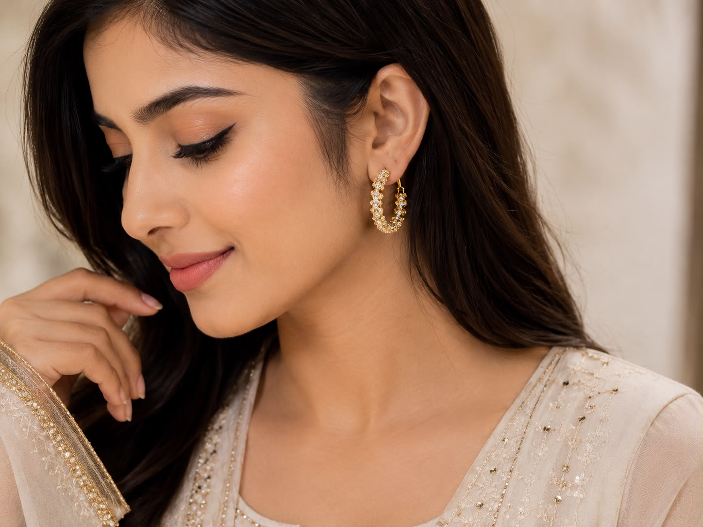 Luxury Artificial Gold Hoop Earrings with Crystal Stones