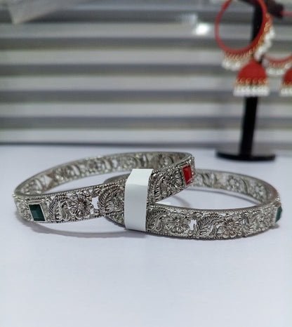 Antique Silver Carved Bangles Set with Emerald Green & Ruby Stones