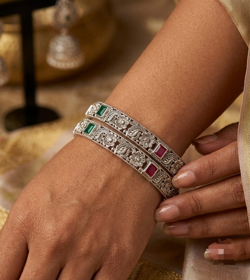 Antique Silver Carved Bangles Set with Emerald Green & Ruby Stones