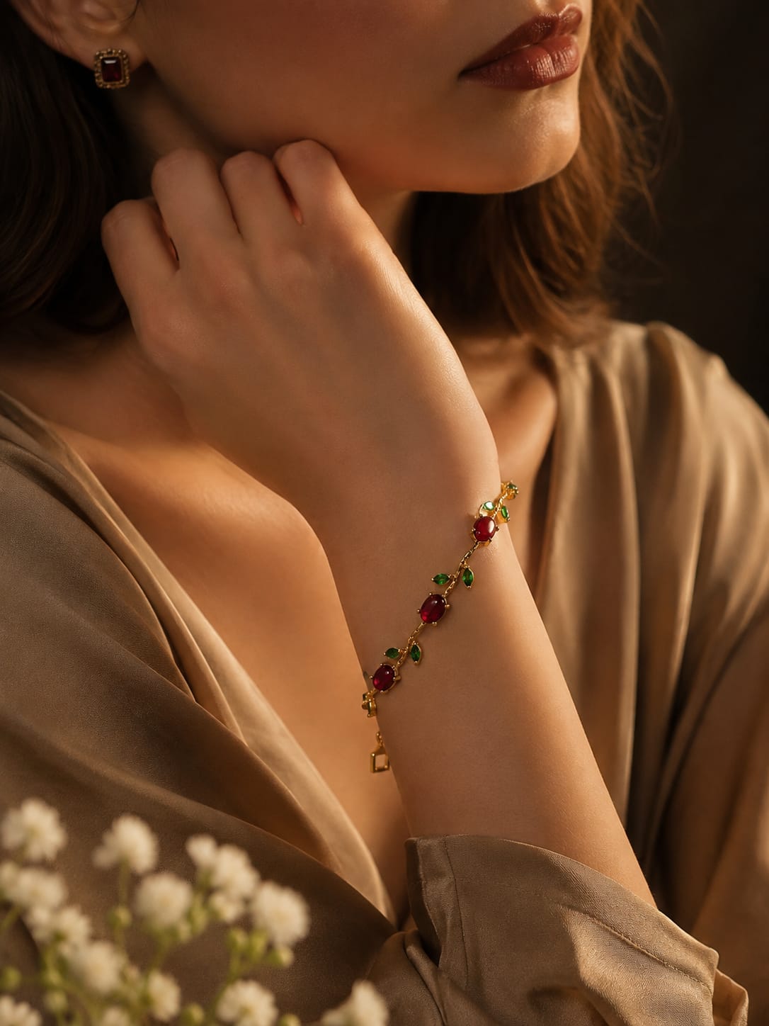 Luxury Gold-Tone Ruby Red & Emerald Green Floral Gemstone Bracelet for Women