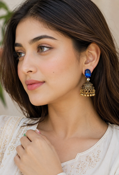 Vintage Gold-Plated Blue Crystal Jhumki Earrings