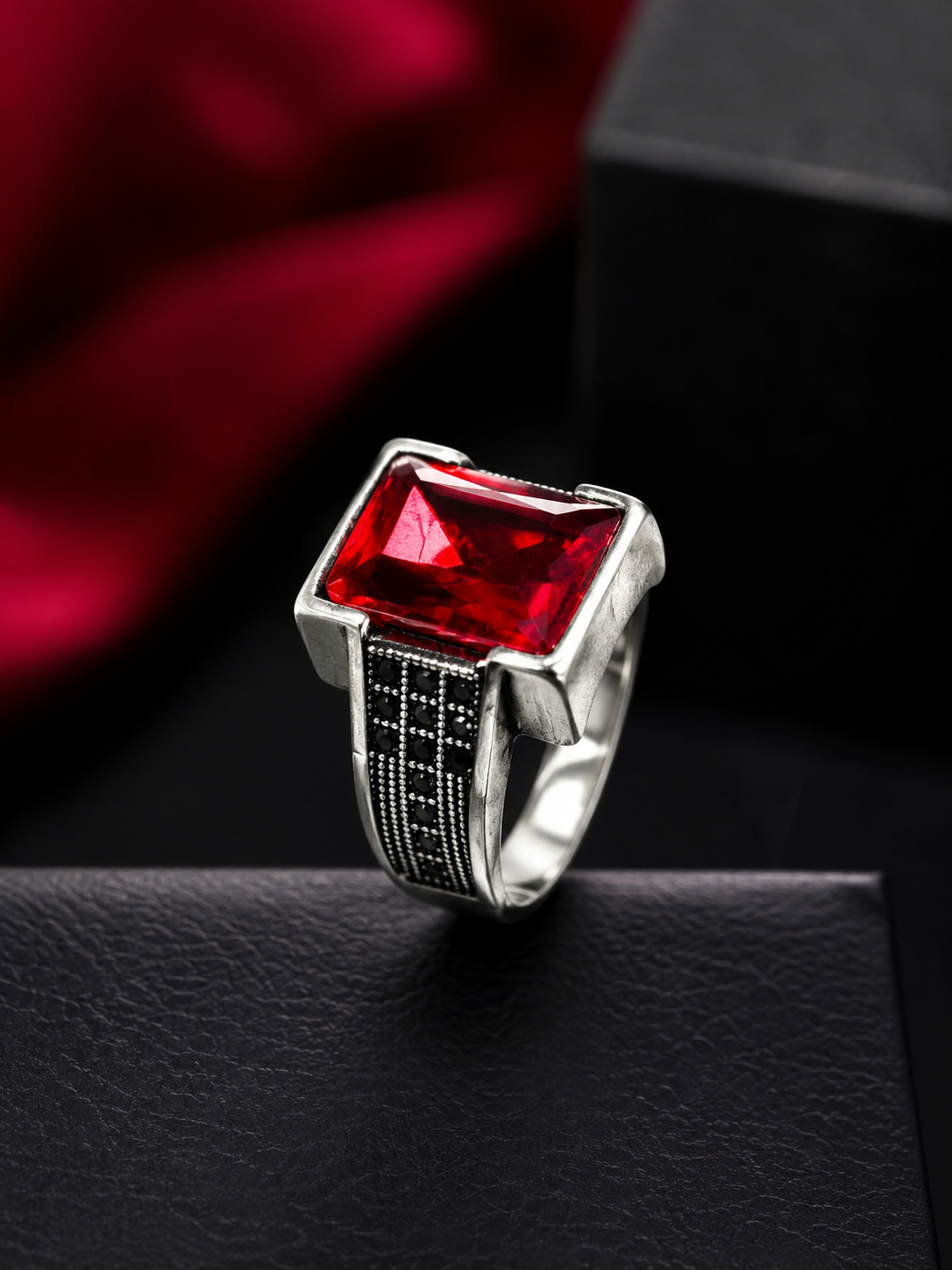 Men's Silver Ruby Red Stone Statement Ring | Vintage Square Gemstone Fashion Ring