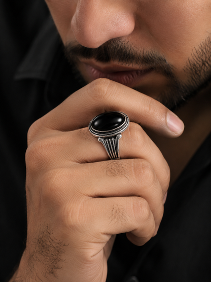 Vintage Black Stone Men's Statement Ring | Antique Silver Finish | Fashion Nagar
