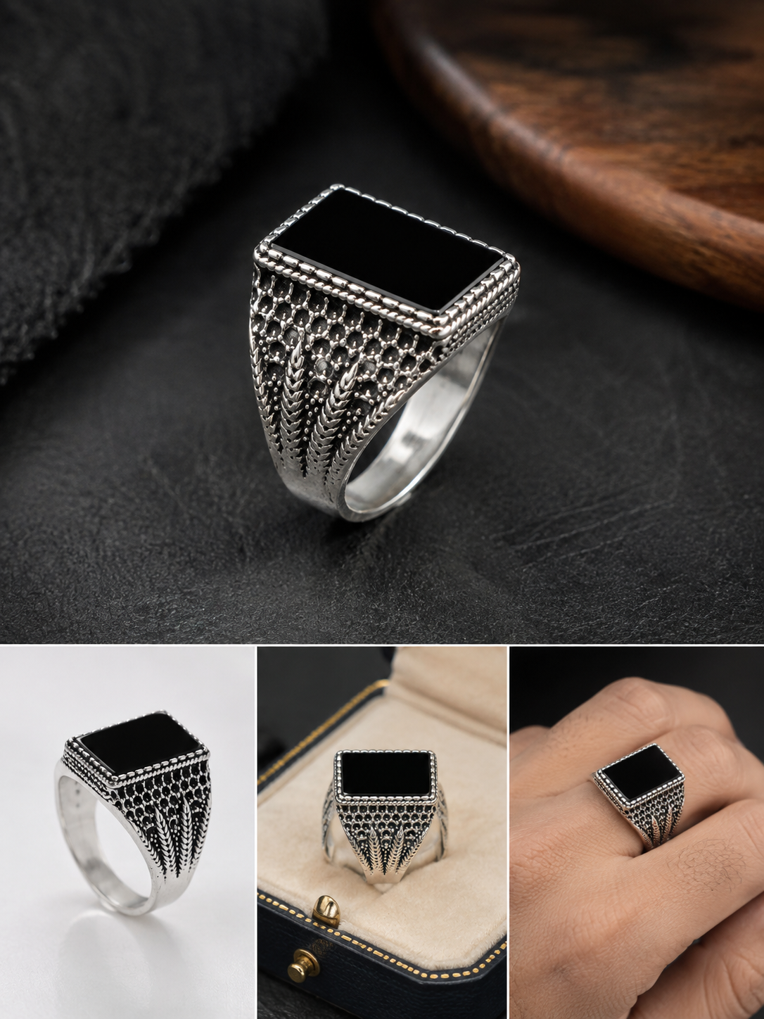 Vintage Black Stone Square Men's Ring | Antique Silver Statement Ring | Fashion Nagar