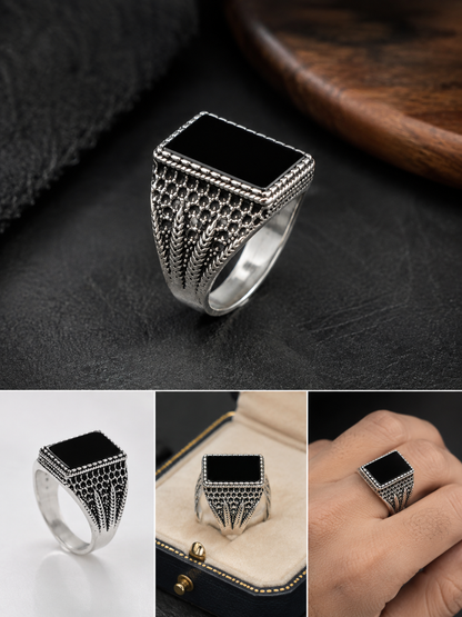 Vintage Black Stone Square Men's Ring | Antique Silver Statement Ring | Fashion Nagar