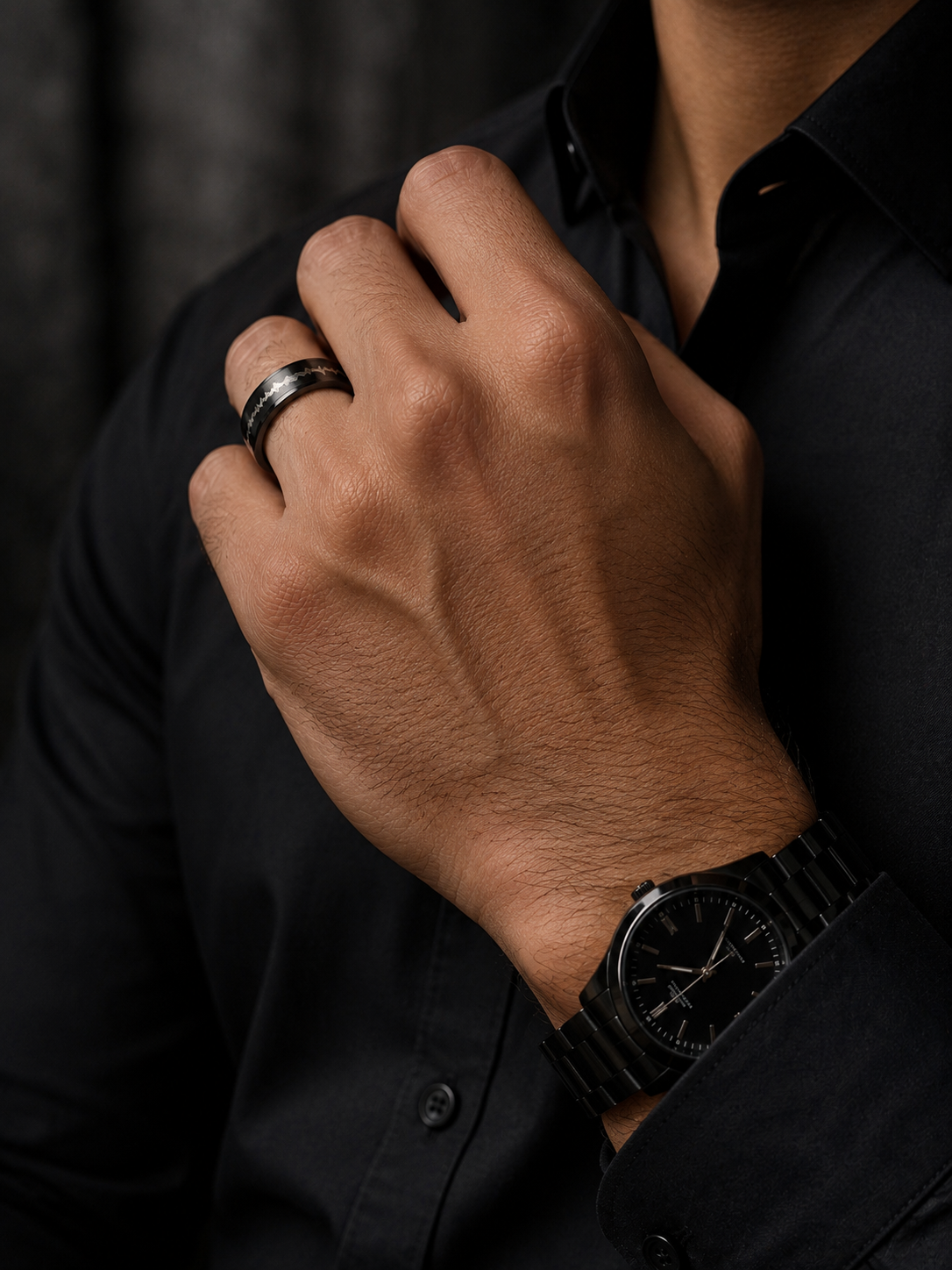 Black Stainless Steel Heartbeat Engraved Couple Ring – Premium Unisex Band