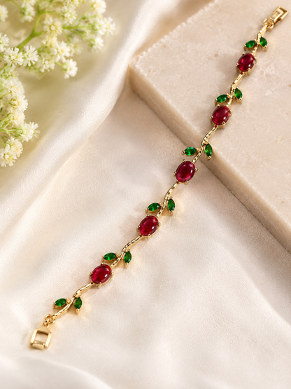Luxury Gold-Tone Ruby Red & Emerald Green Floral Gemstone Bracelet for Women