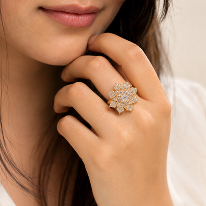 Luxury Gold Plated Snowflake Crystal Statement Ring for Women | Adjustable Fashion Ring