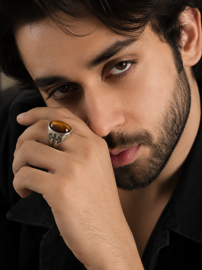 Tiger Eye Stone Men's Ring | Vintage Silver Statement Ring | Fashion Nagar