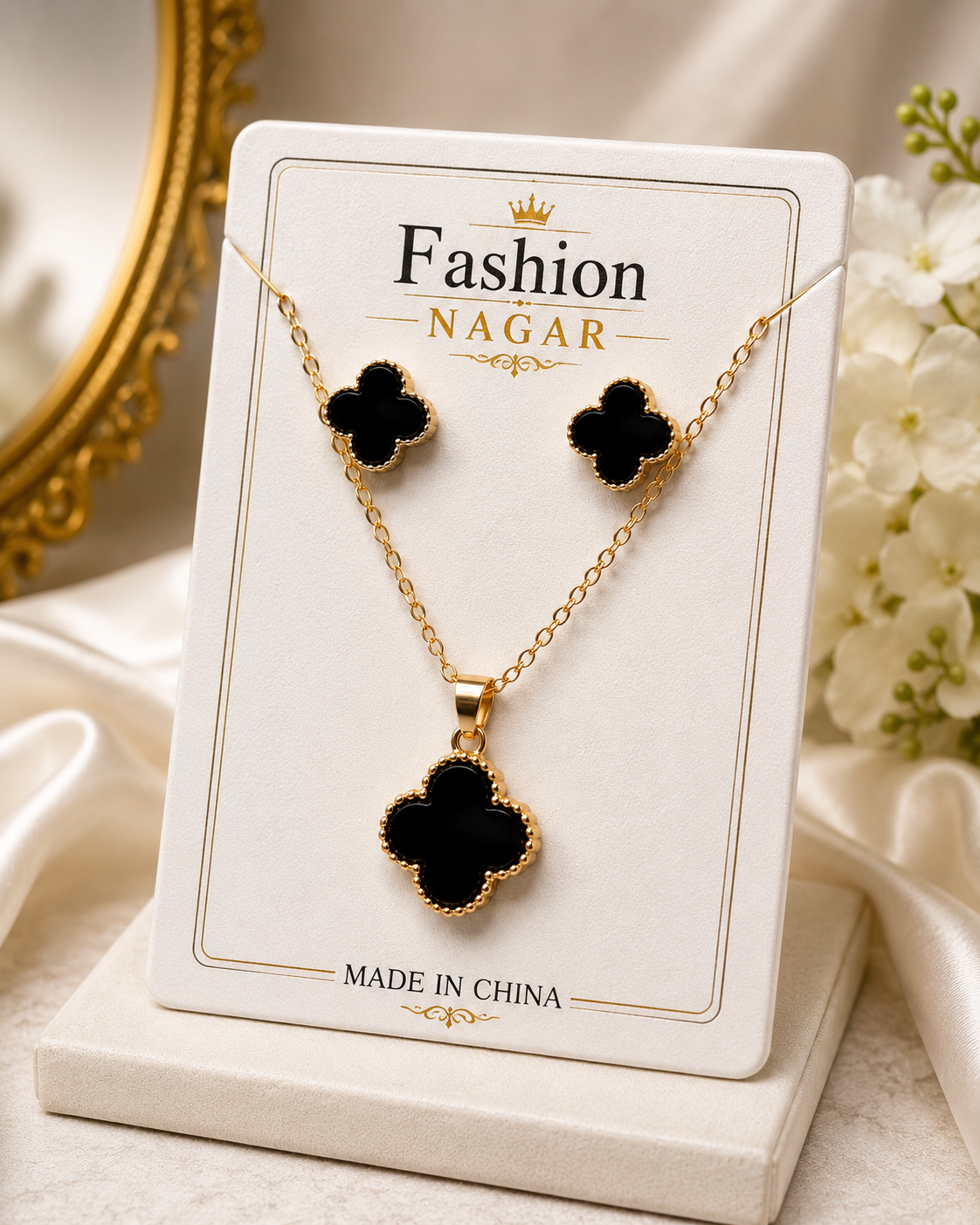 Elegant Black Clover Necklace & Earrings Set  Minimalist Jewelry