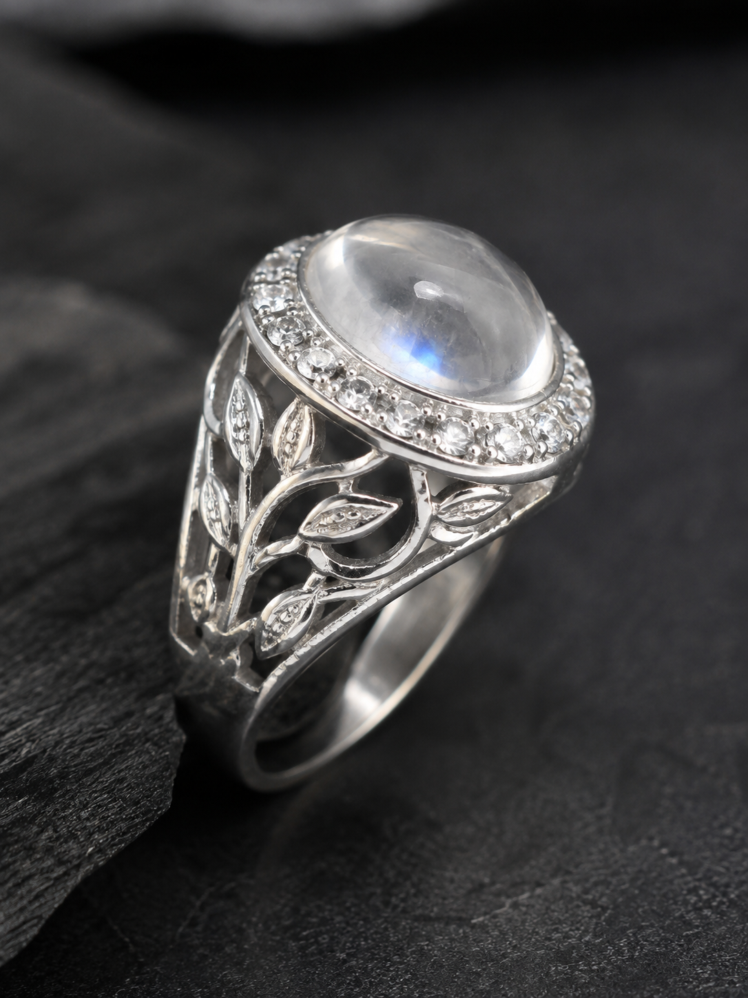 Moonstone Silver Men's Ring | Vintage Leaf Design Statement Ring | Fashion Nagar