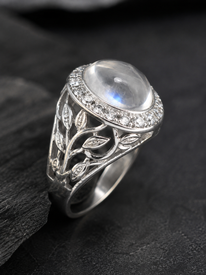 Moonstone Silver Men's Ring | Vintage Leaf Design Statement Ring | Fashion Nagar