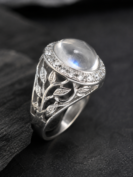 Moonstone Silver Men's Ring | Vintage Leaf Design Statement Ring | Fashion Nagar