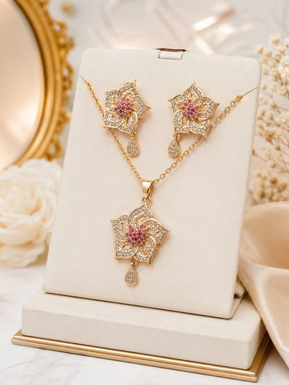 Luxury Floral Gold Plated Necklace & Earrings Set – Crystal Stone Jewelry