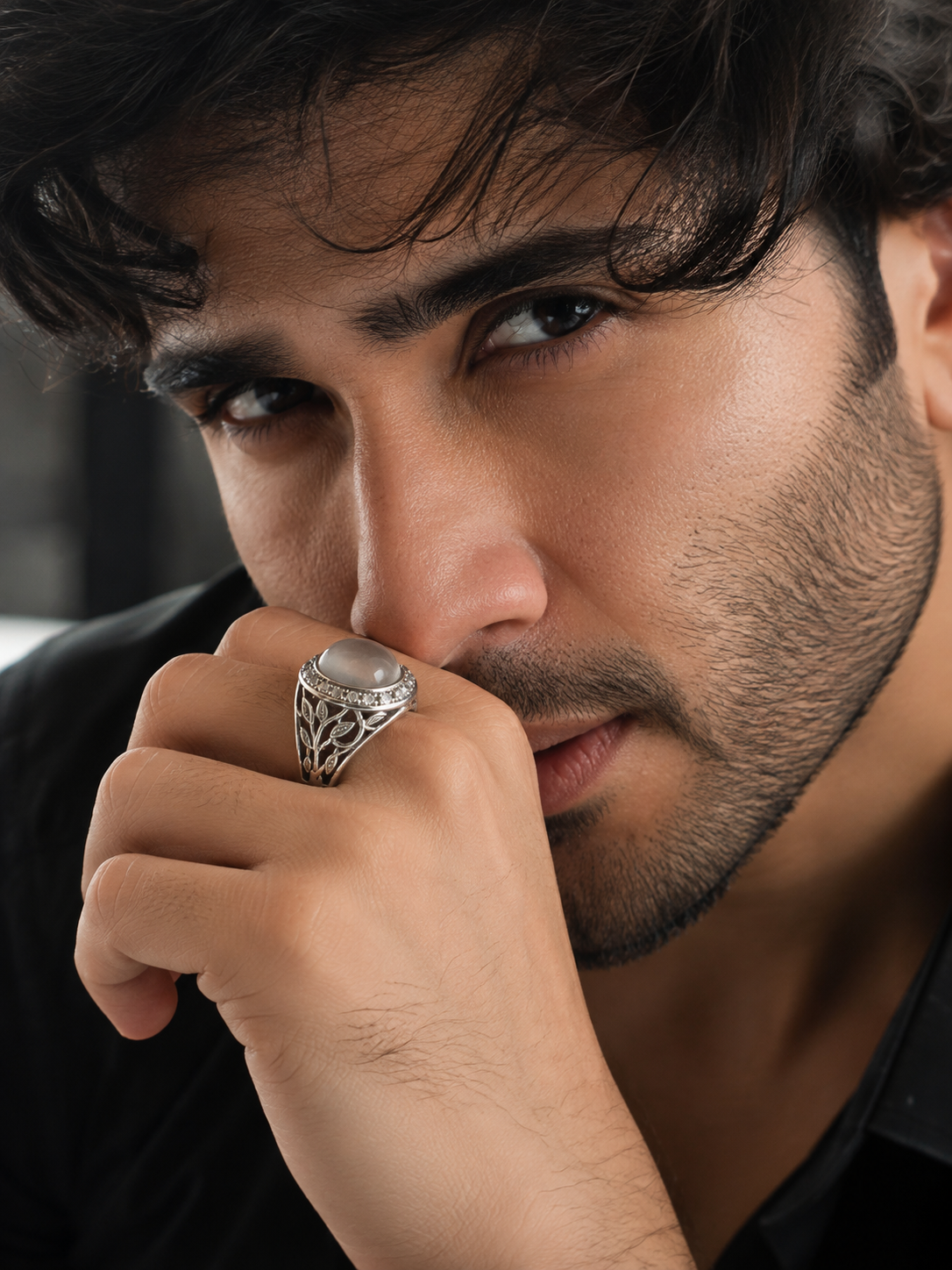 Moonstone Silver Men's Ring | Vintage Leaf Design Statement Ring | Fashion Nagar