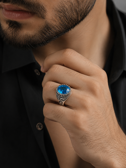 Blue Stone Vintage Silver Ring for Men | Premium Statement Fashion Ring