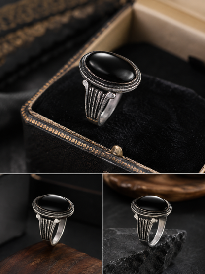 Vintage Black Stone Men's Statement Ring | Antique Silver Finish | Fashion Nagar