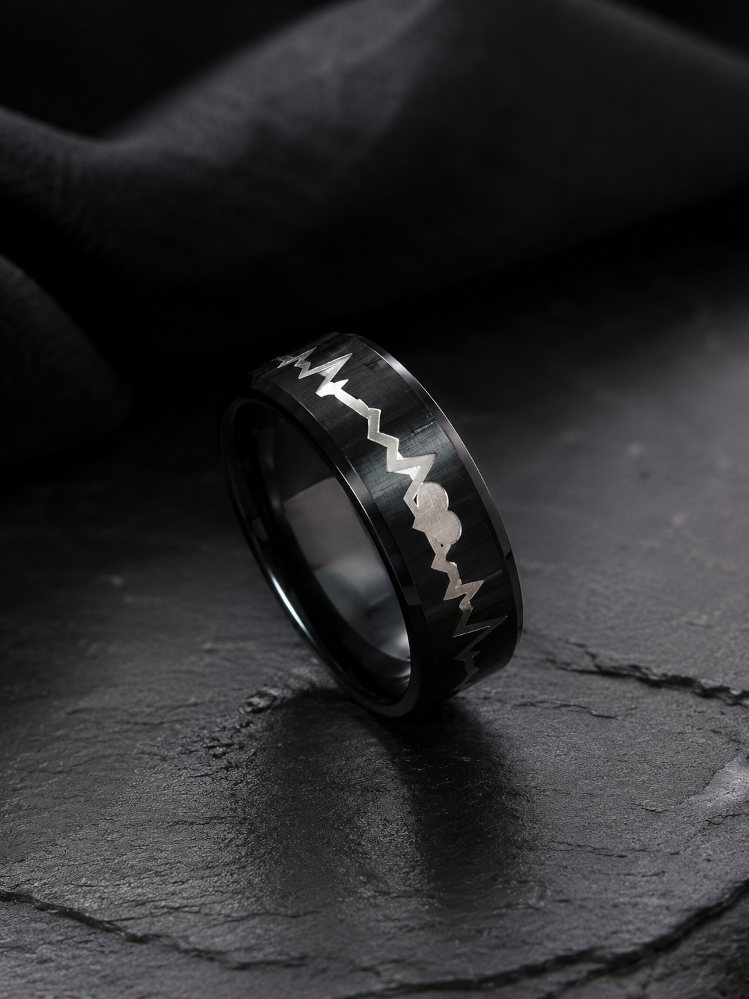 Black Stainless Steel Heartbeat Engraved Couple Ring – Premium Unisex Band
