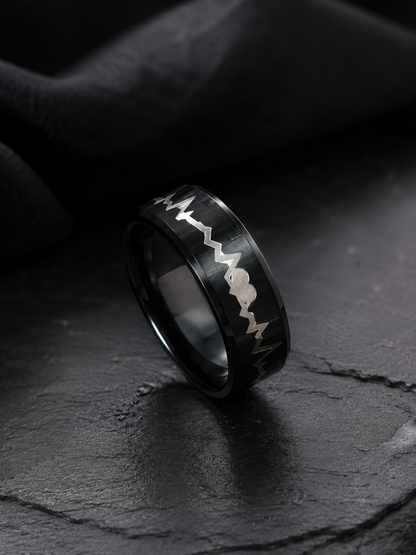 Black Stainless Steel Heartbeat Engraved Couple Ring – Premium Unisex Band