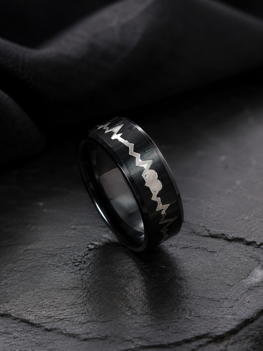Black Stainless Steel Heartbeat Engraved Couple Ring – Premium Unisex Band
