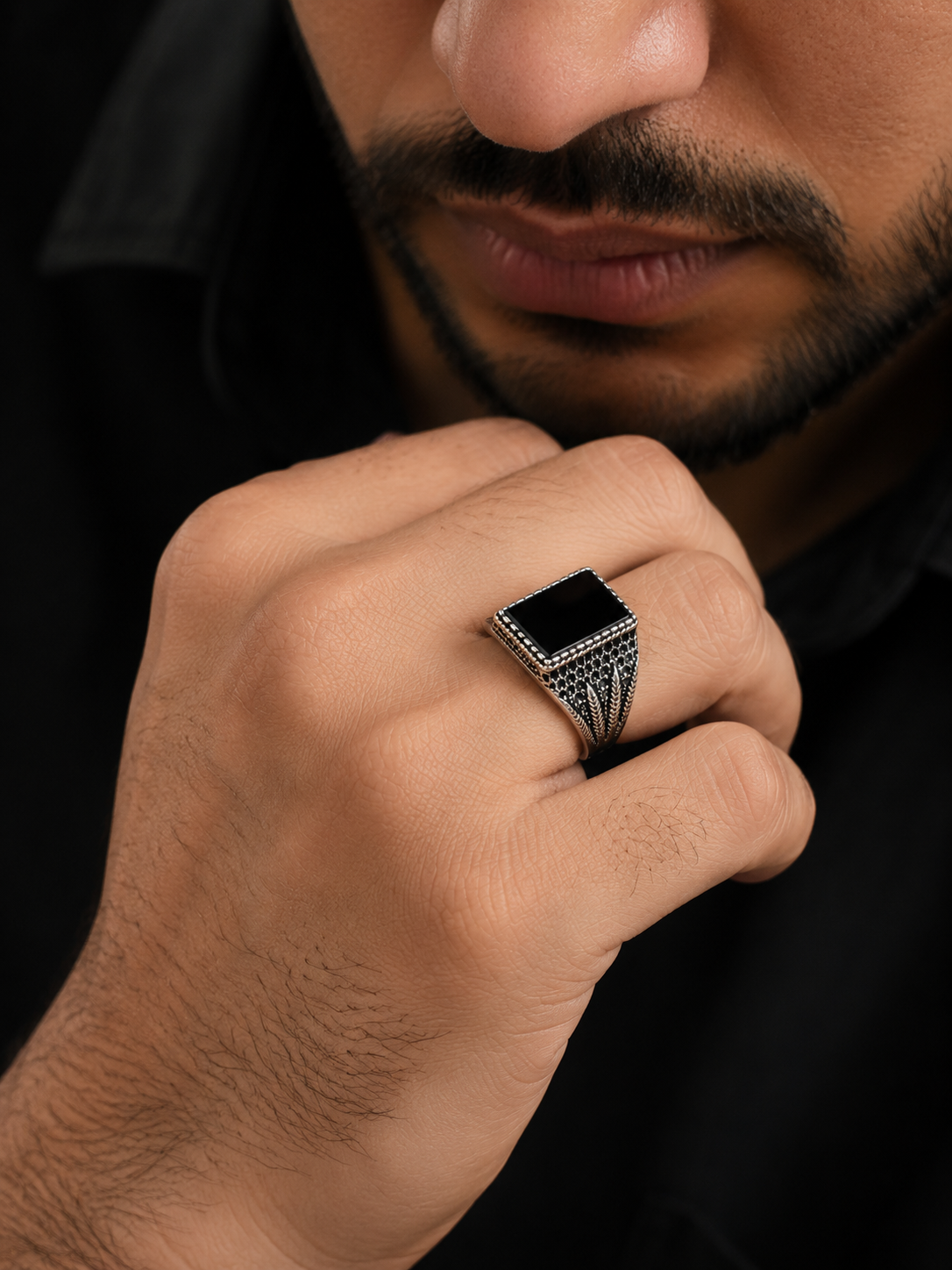 Vintage Black Stone Square Men's Ring | Antique Silver Statement Ring | Fashion Nagar